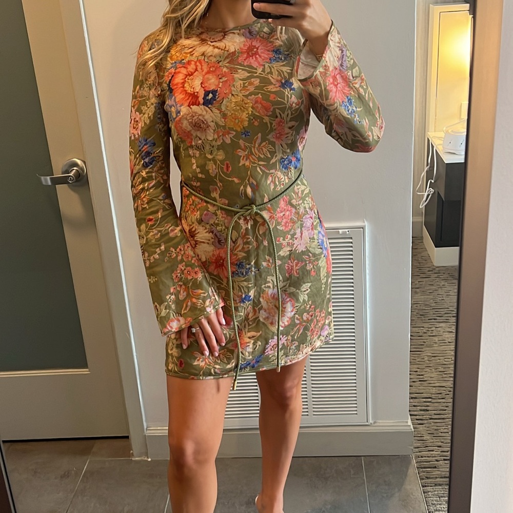 ZIMMERMAN August Belted Floral Print Linen Dress